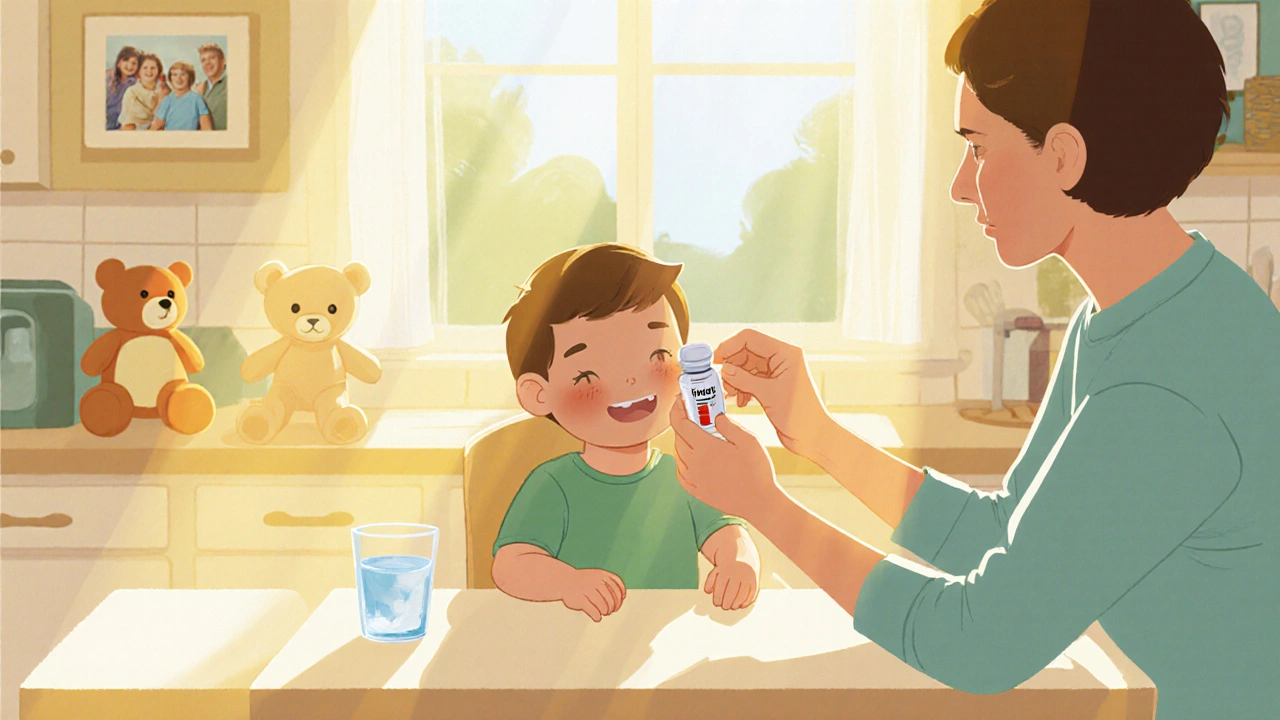 Adult giving a child a dose of ibuprofen syrup at a sunny kitchen table.