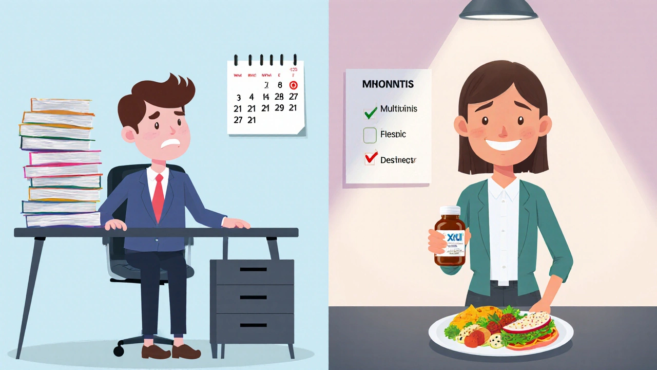 Before‑after cartoon of a professional losing weight with Xenical over three months.