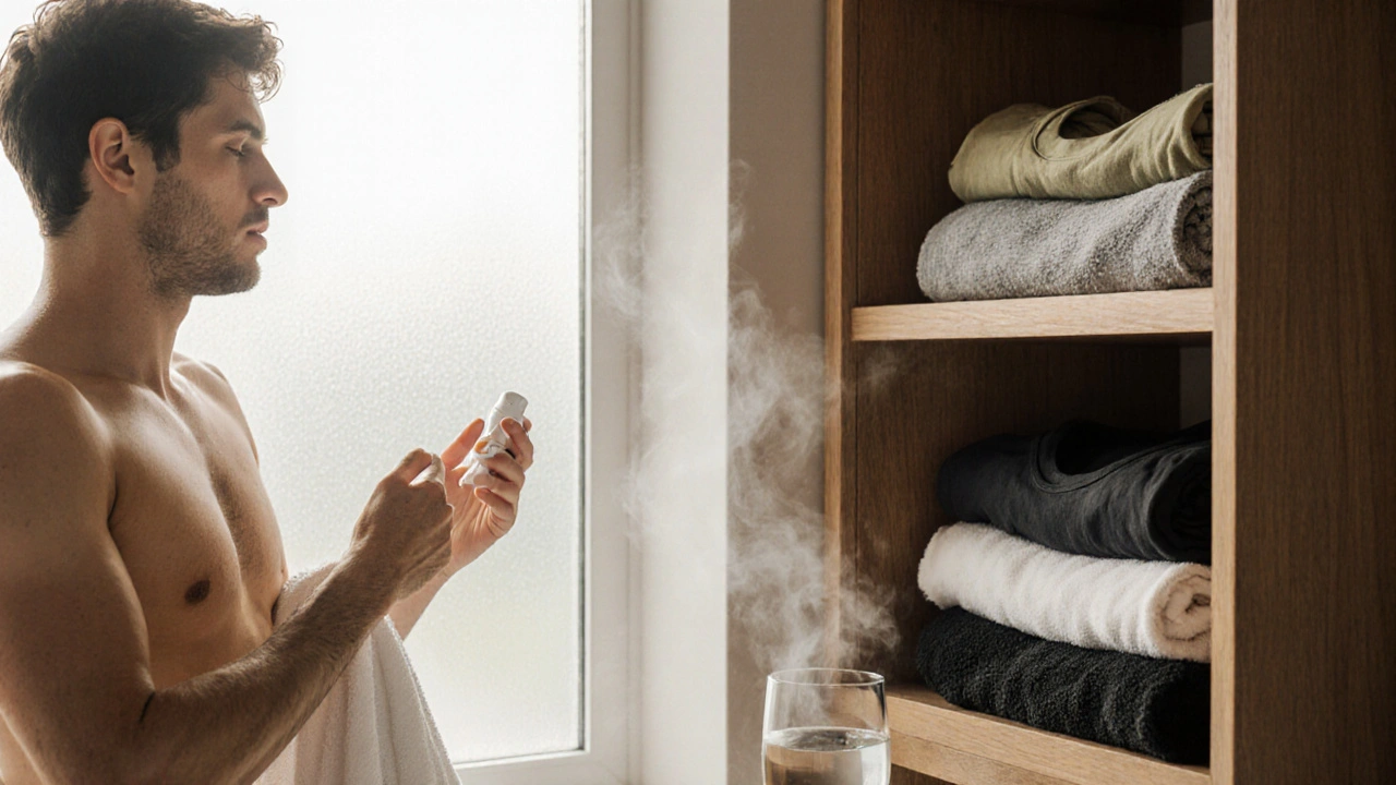 Bright bathroom scene with a person applying moisturizer and displaying breathable fabrics.