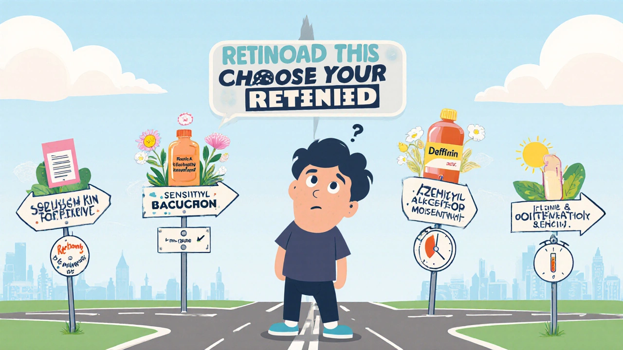 Cartoon flowchart of a person choosing retinoids with road signs for prescription and OTC options.