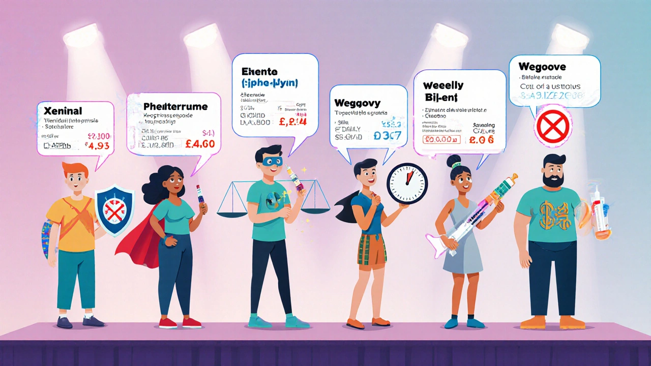 Cartoon lineup of weight‑loss drugs with icons, cost, and side‑effect bubbles.