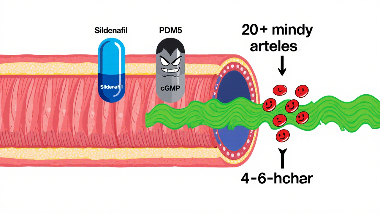 Cartoon showing sildenafil blocking PDE5, allowing blood flow via cGMP in a cross‑section of penis.