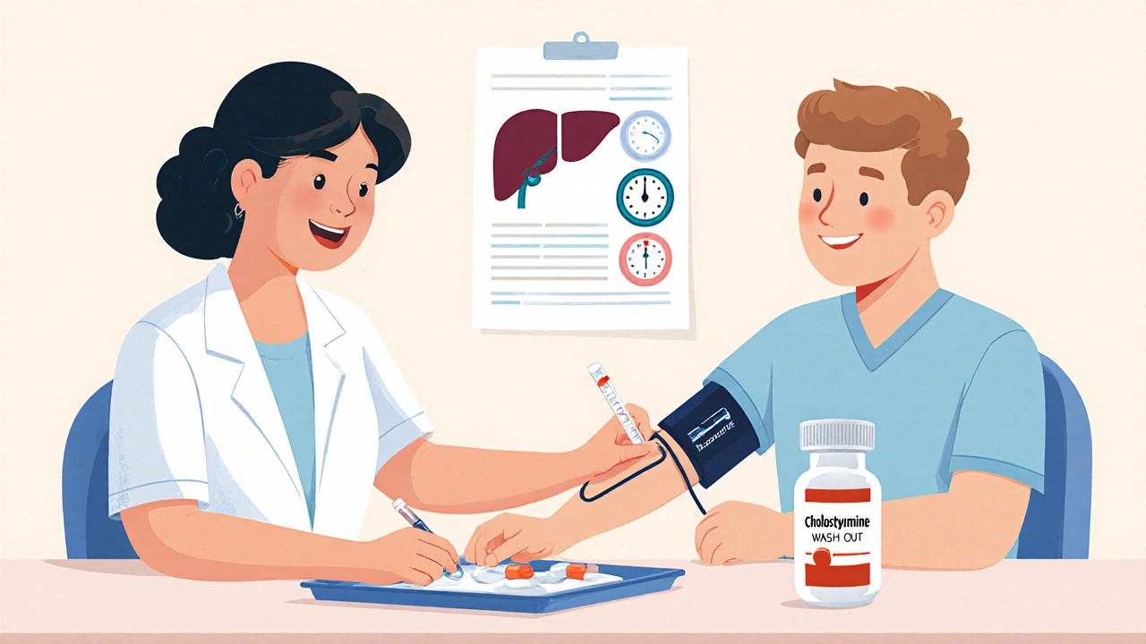 Clinic scene of nurse drawing blood, doctor reviewing liver and pregnancy tests, and cholestyramine bottle for wash‑out.