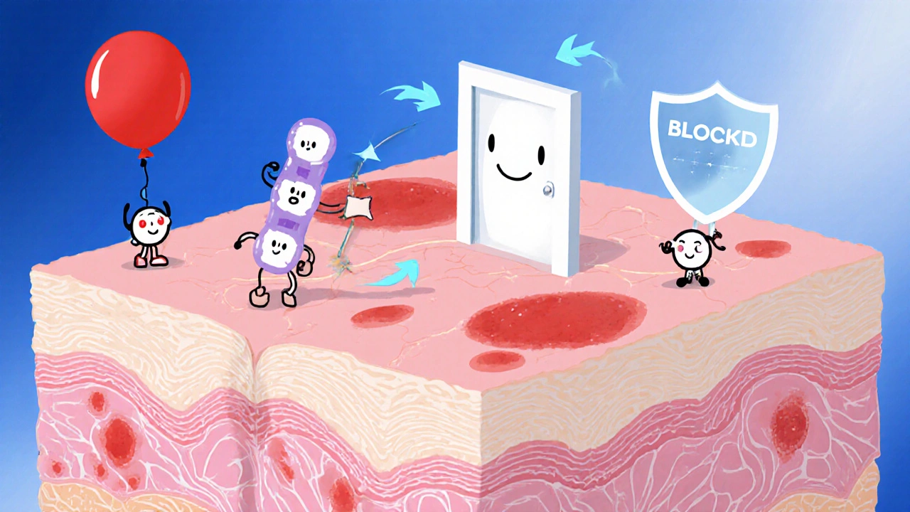 Cutaway view of skin showing crotamiton blocking itch signals at the TRPV1 receptor.