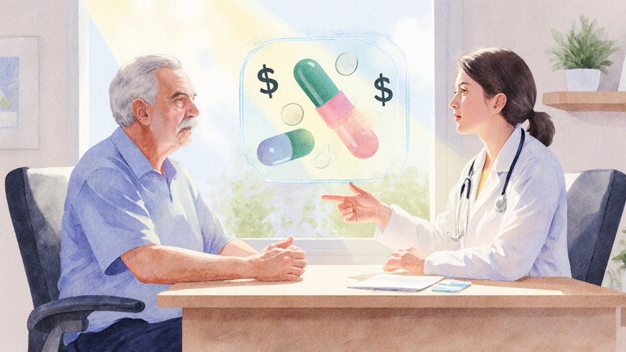 Doctor and patient discussing ADHD medication choices, with floating pill icons and cost symbols in a bright office.