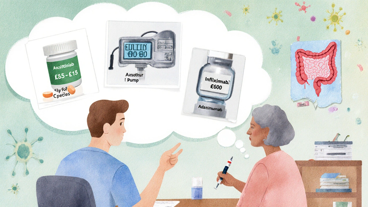 Doctor and patient discussing medication options with thought bubbles showing drug costs.