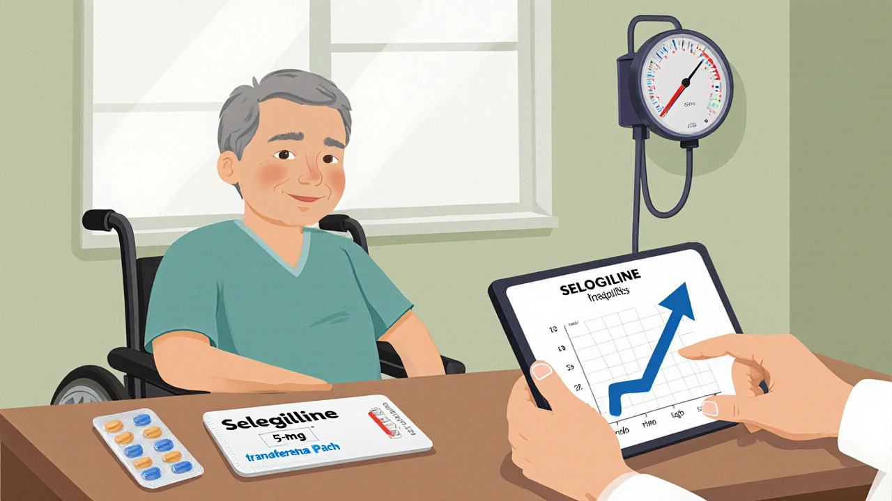 Doctor consulting an MSA patient, showing Selegiline tablets and improved blood pressure readings.