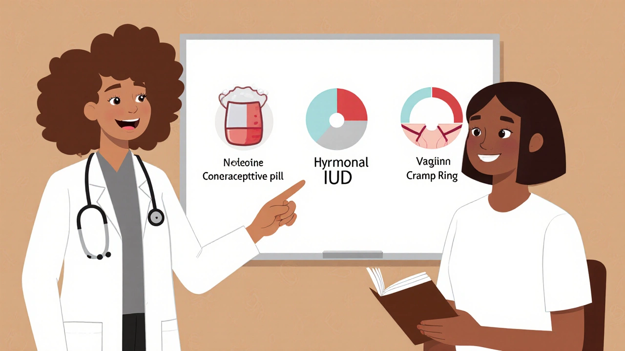 Doctor explaining contraceptive icons with cramp‑reduction gauges to patient.
