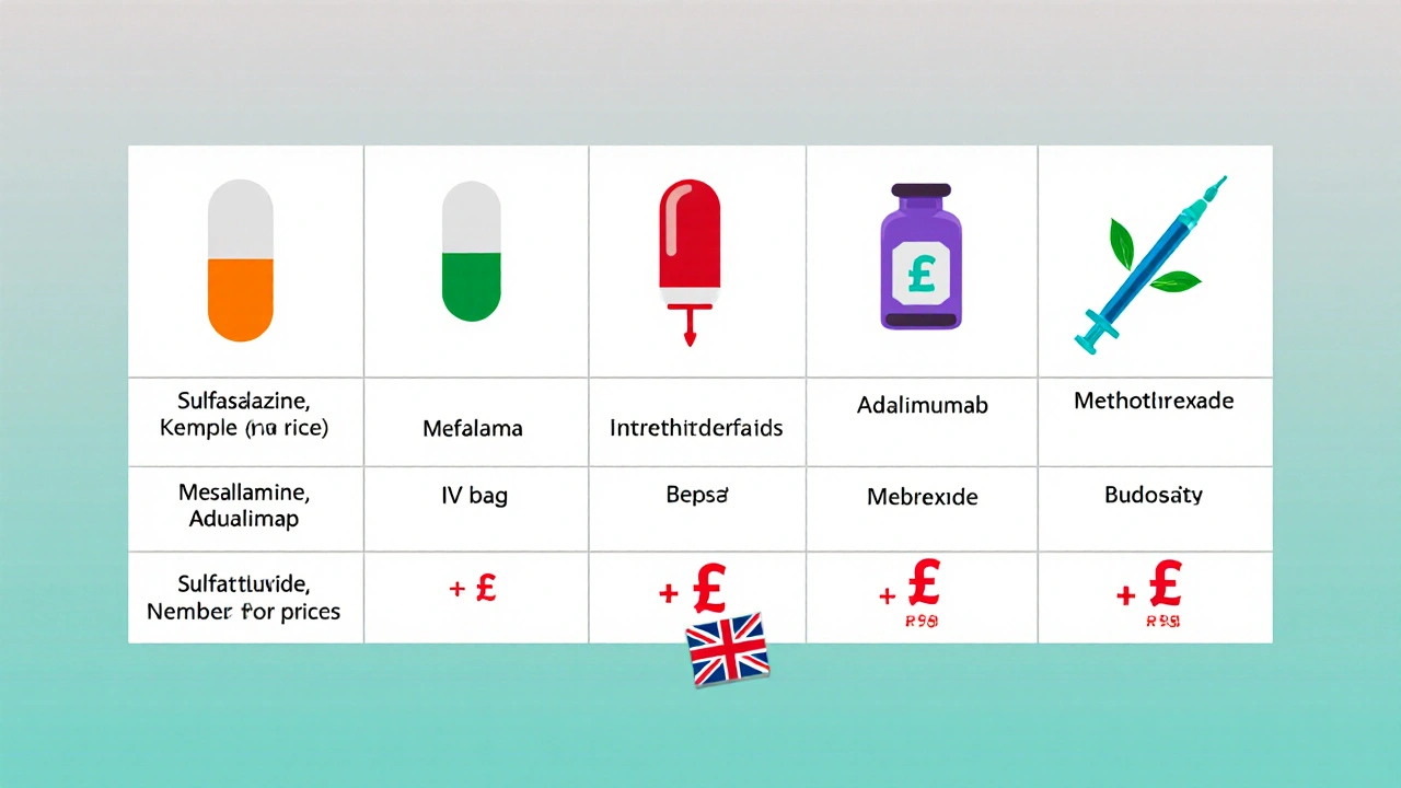 Flat icons of seven IBD drugs with price tags arranged in a comparison layout.