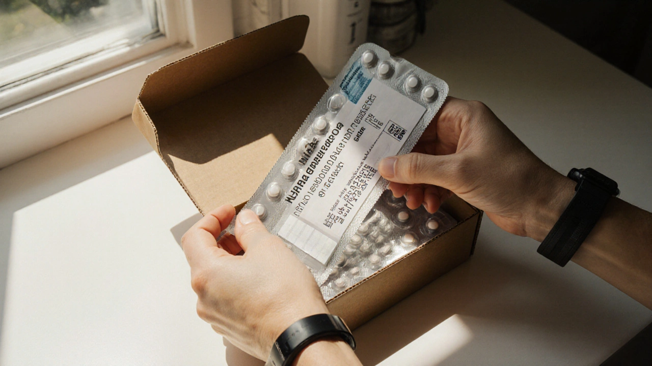 Hand opening a delivery box, inspecting a blister pack with MHRA label.