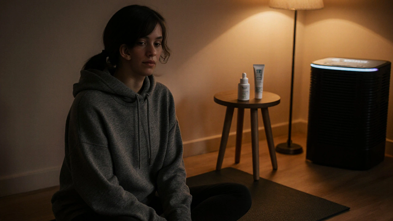 Home studio post‑workout scene with a person in breathable clothing near antifungal cream and dehumidifier.