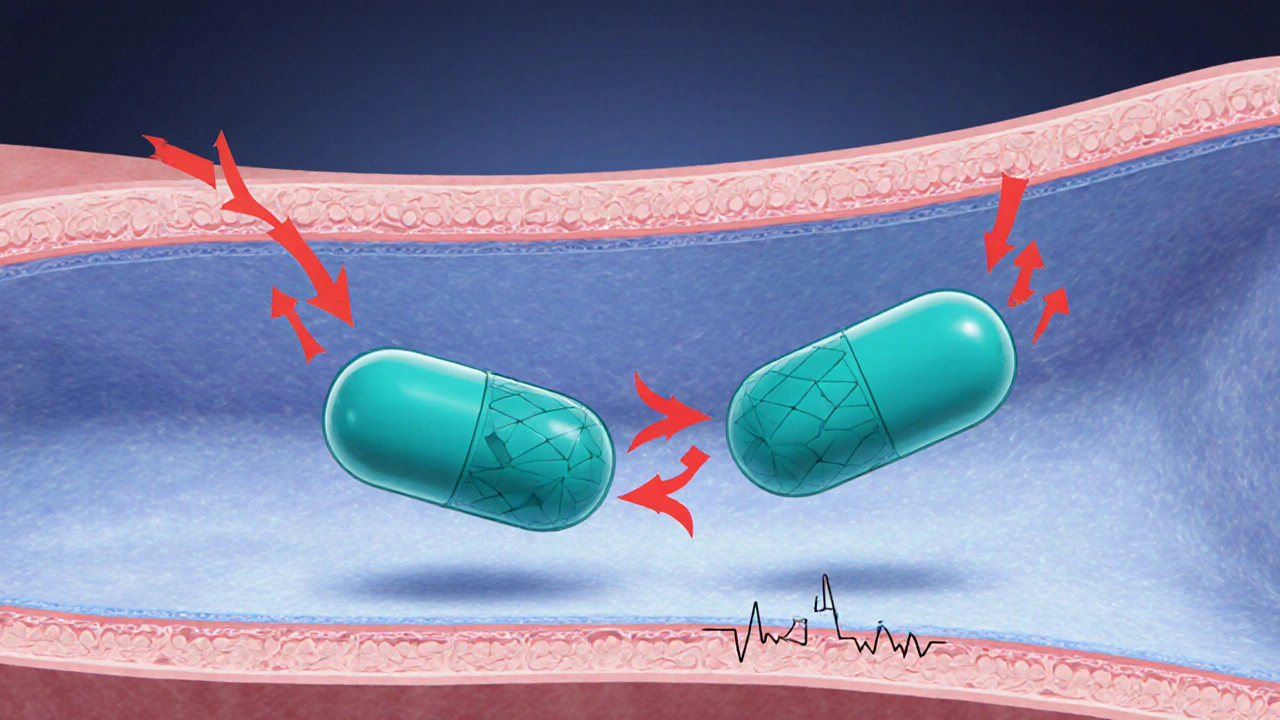 Illustration of an artery with relaxed walls and telmisartan molecules blocking AT‑1 receptors.