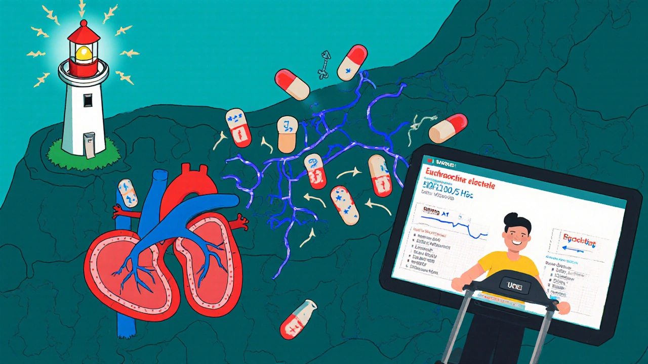 Illustration of ivabradine blocking the funny current in the SA node, slowing heart rate and improving ventricular filling.