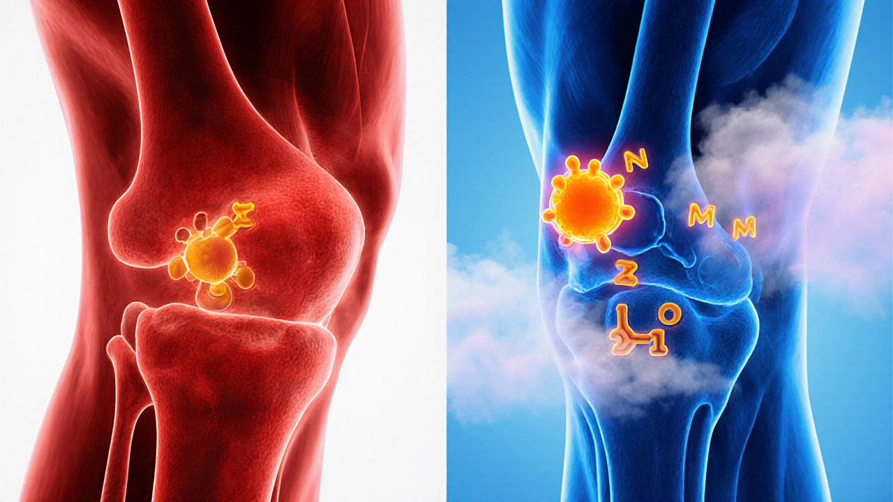 Illustration showing inflamed knee with ibuprofen molecules binding enzymes, then a calm knee after treatment.