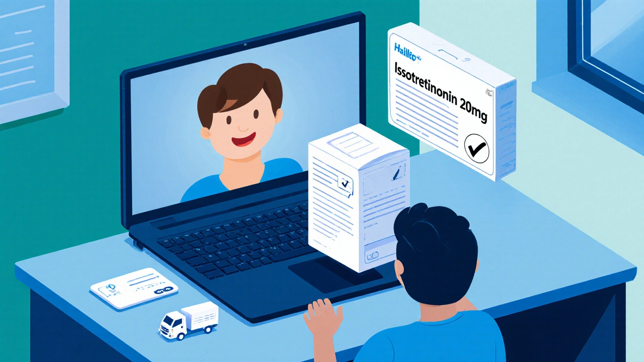 Isometric office scene with video call doctor, prescription icon, and delivery symbols.