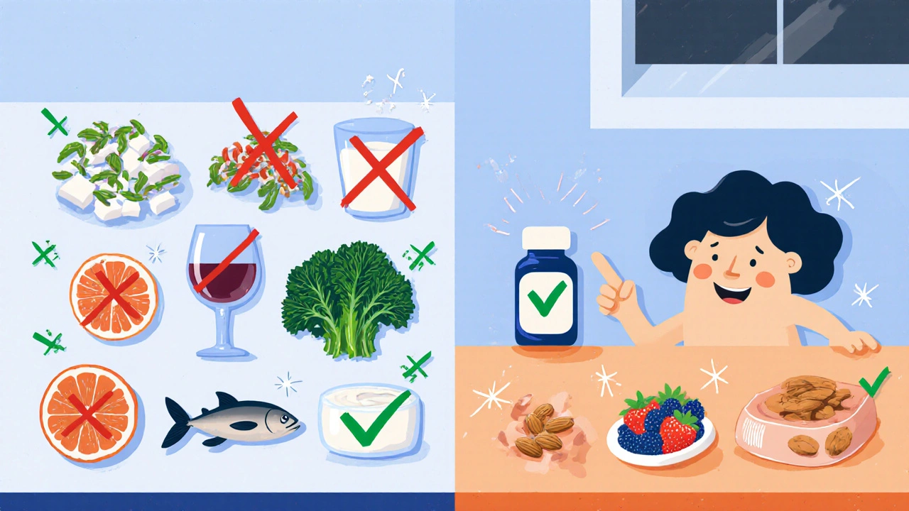 Kitchen counter showing crossed‑out soy and grapefruit, highlighted calcium‑rich foods.