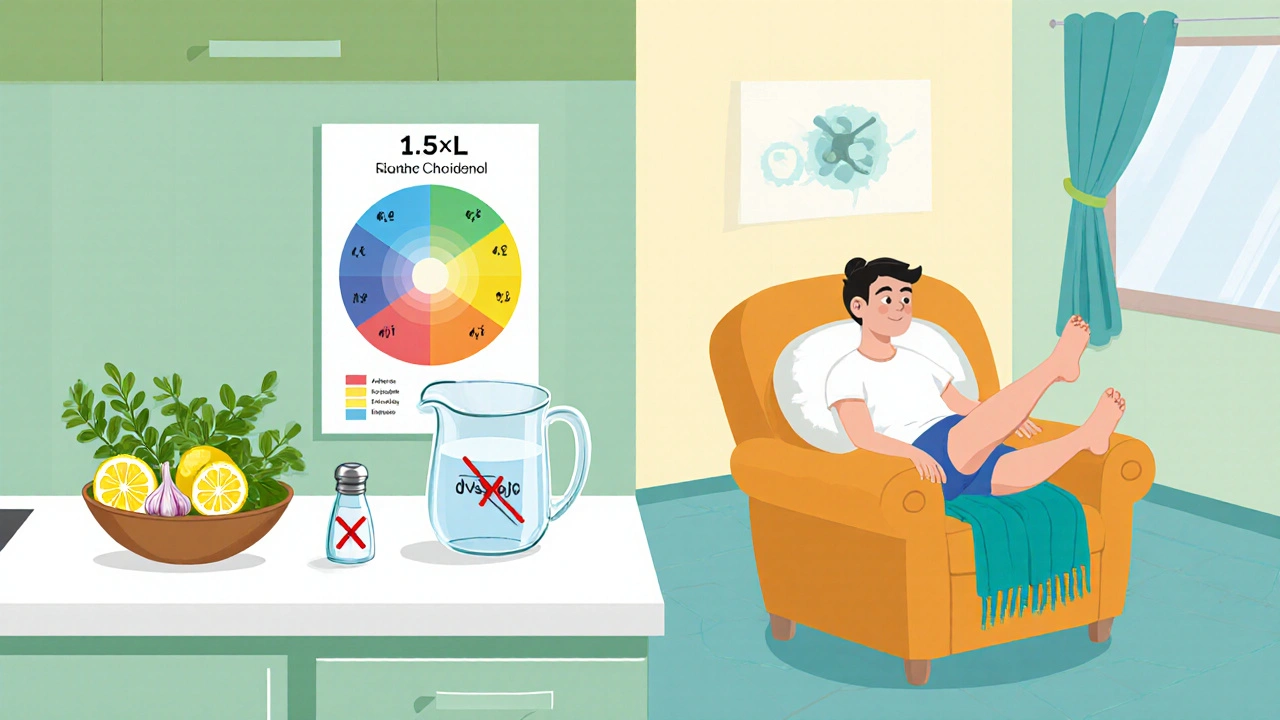 Kitchen with herbs, no salt, fluid intake pitcher, person elevating legs on couch.