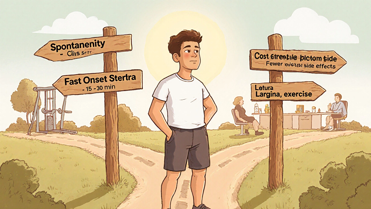 Man at crossroads with signposts for different ED medications and natural alternatives.