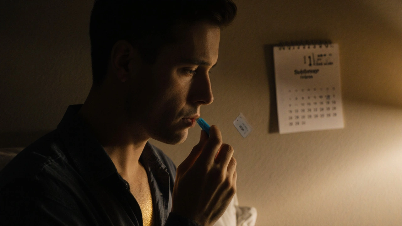 Man holding a tiny blue tablet near his lips, glowing confident in a bedroom.