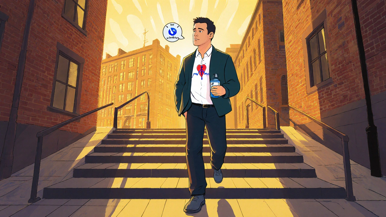 Man walking up stairs confidently after ivabradine treatment, showing improved exercise capacity.