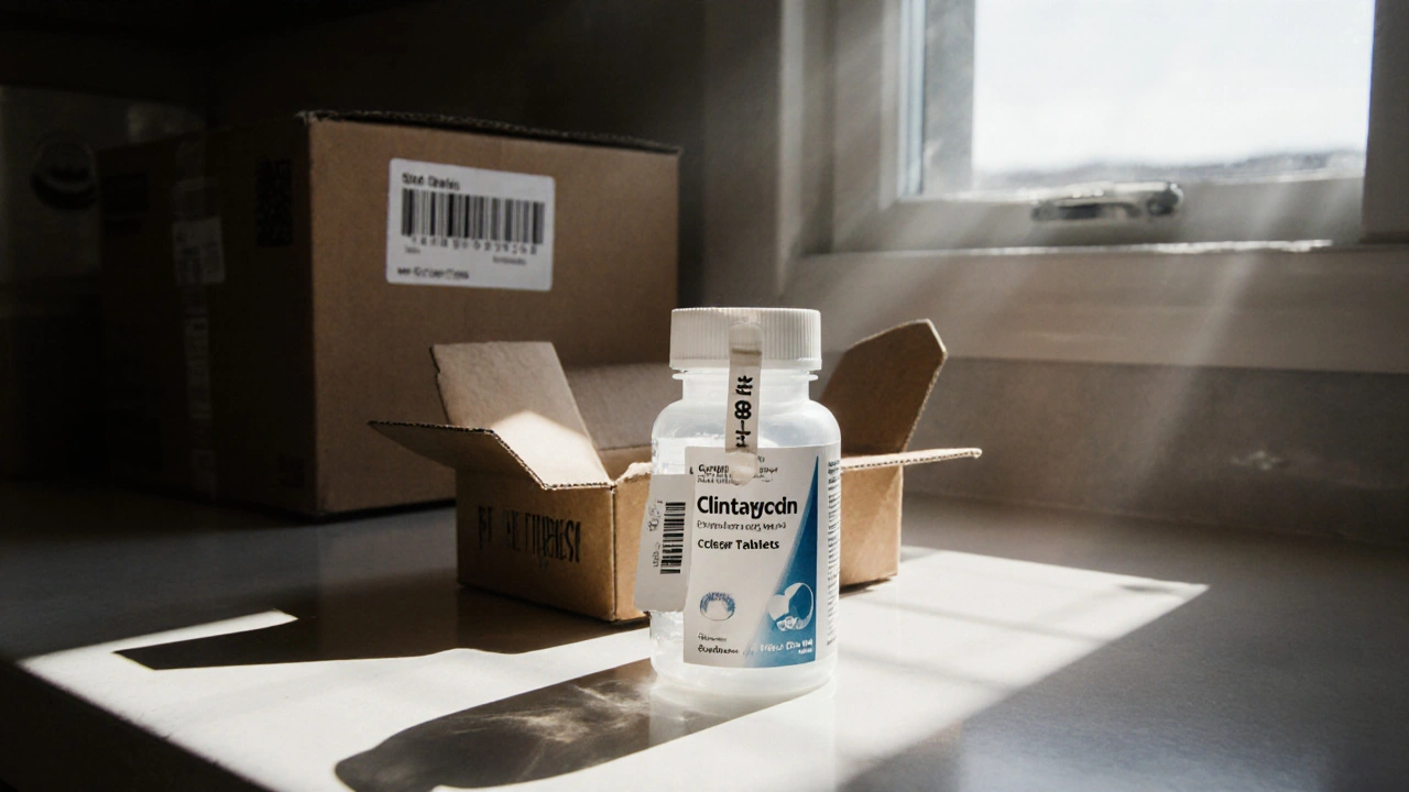 Opened package displaying a bottle of generic clindamycin tablets with price tag.