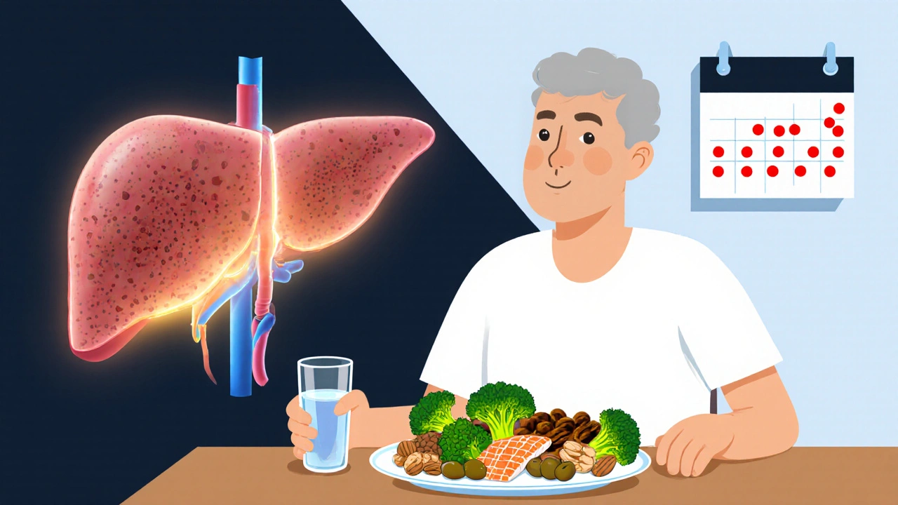 Patient eating healthy foods with a glowing healthy liver, while a damaged liver fades in the background.