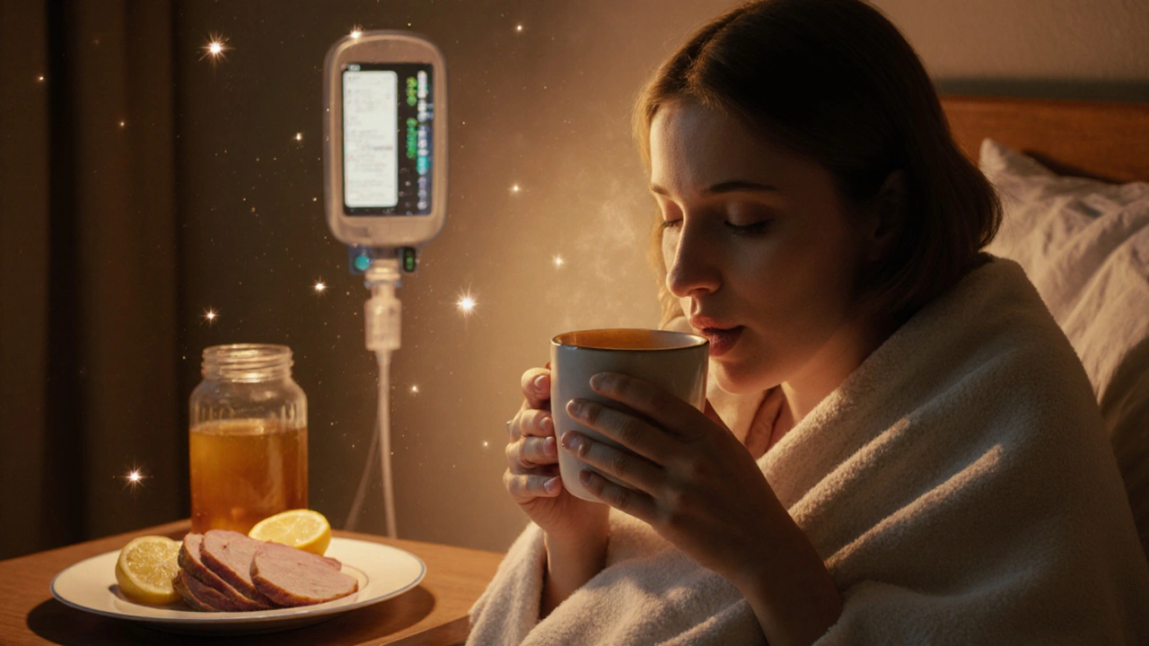 Patient sipping ginger tea beside broth and turkey, with a chemo pump in the background, warm lighting.