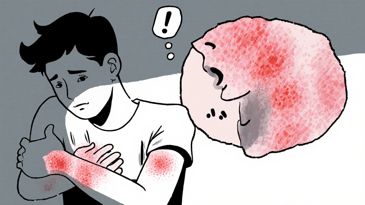Person with red hives and throat swelling indicating an allergic reaction.