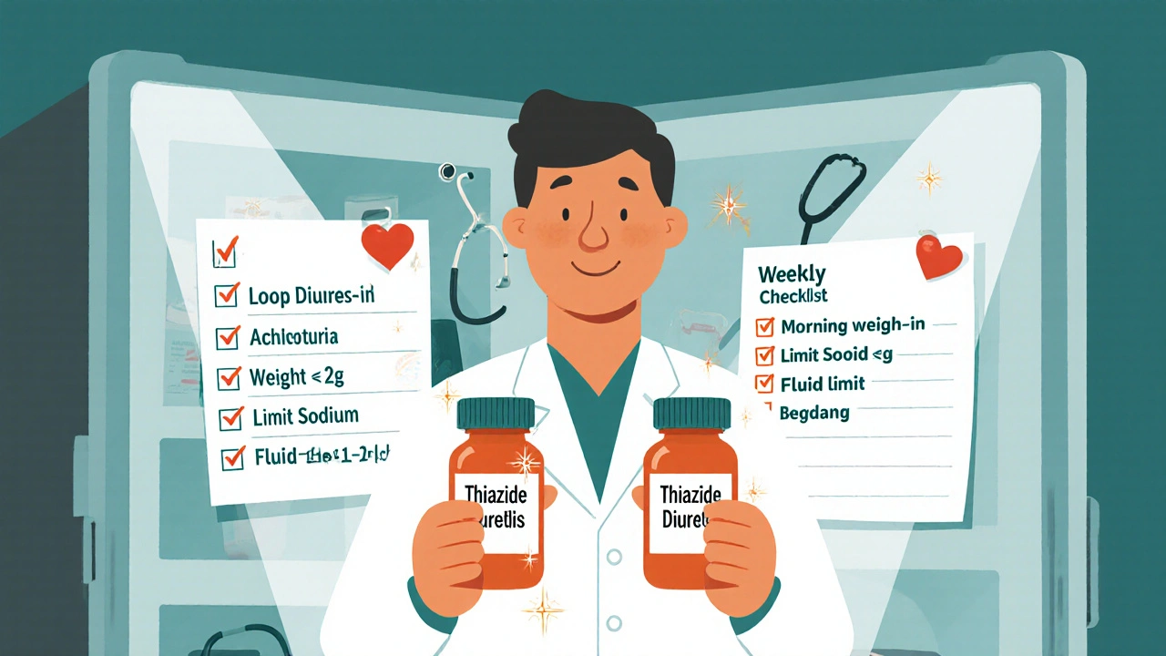 Pharmacist holding diuretic bottles, fridge checklist, doctor symbols in background.