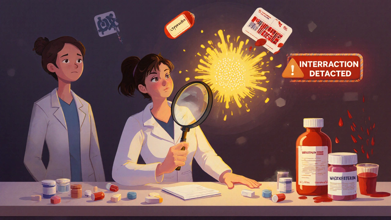 Pharmacist using magnifying glass to detect dangerous drug interactions among common pills.