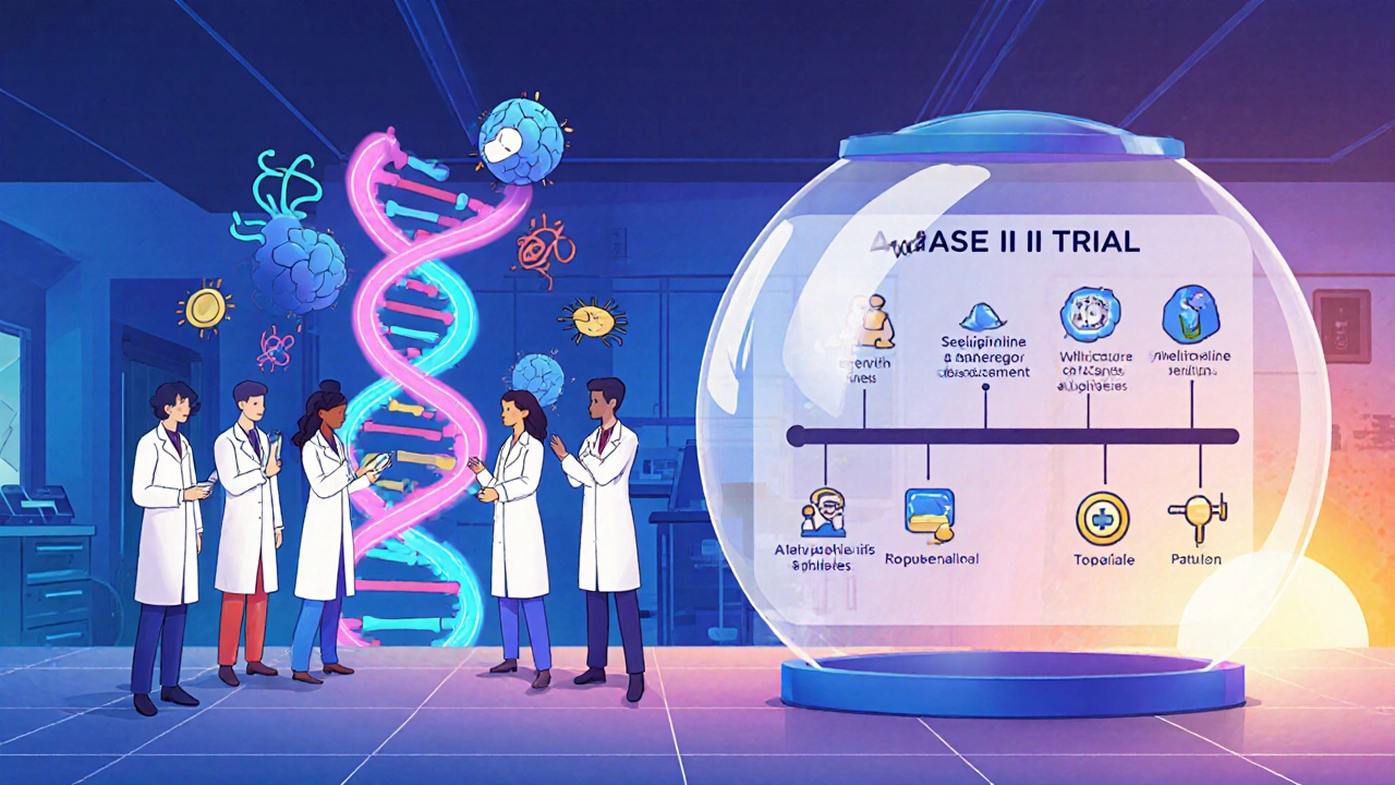 Scientists studying DNA and alpha‑synuclein, with a timeline of a Phase III trial and Selegiline highlighted.