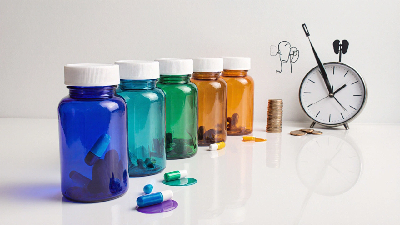 Six colored pill bottles on a countertop with icons for half‑life, cost, and side‑effects.
