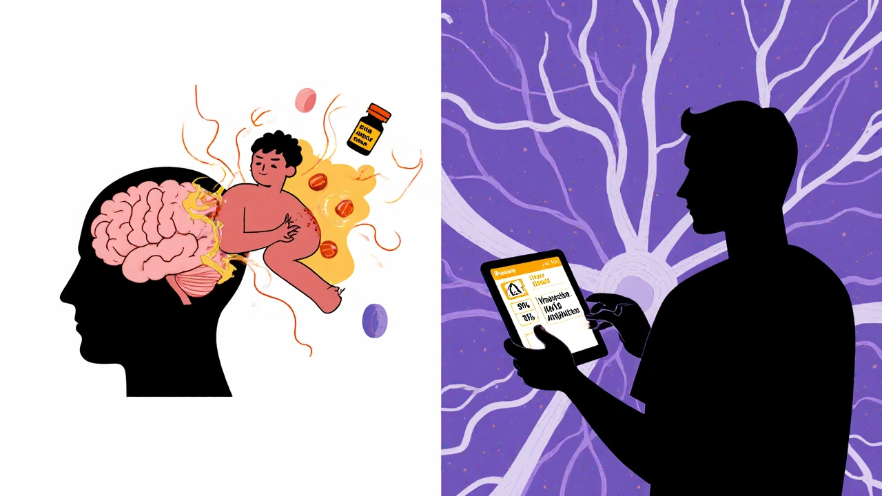 Split brain and heart scene showing serotonin surge and AI predicting drug interactions.