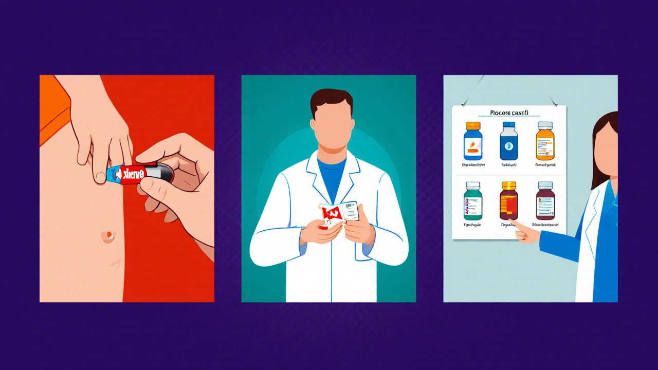 Three panels: epinephrine injection, antihistamine pills, and alternative antibiotics chart.