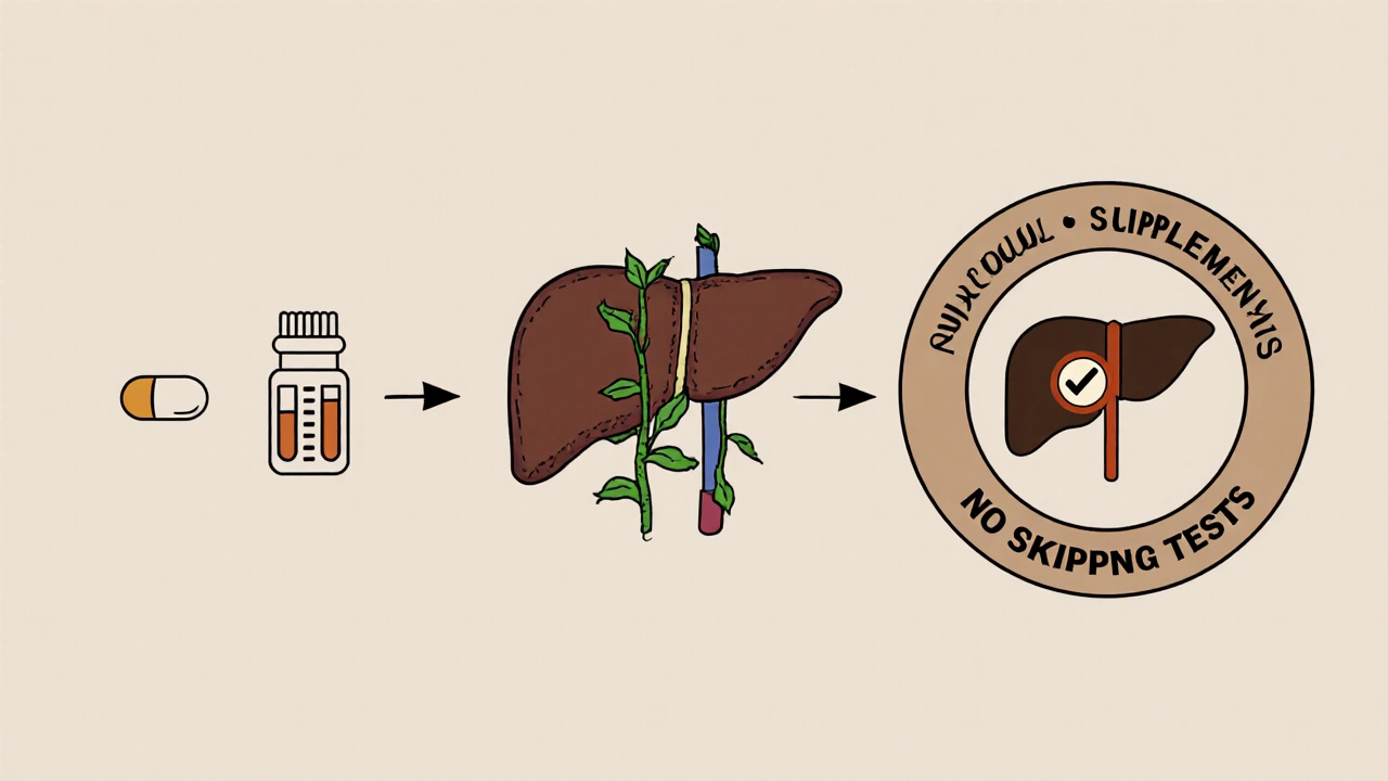 Timeline showing acitretin treatment leading to liver recovery through consistent monitoring and healthy habits.