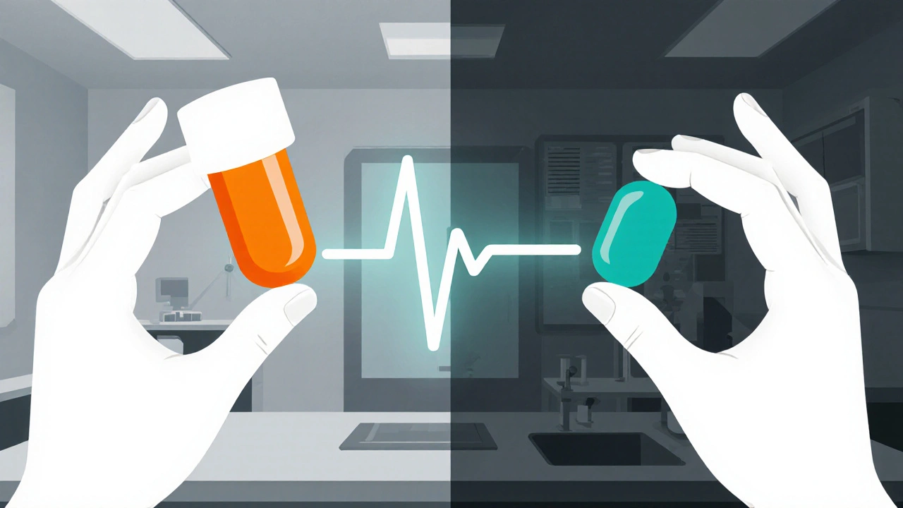 Two hands holding different ADHD pills with an ECG line between them, showing stimulant vs non‑stimulant contrast.