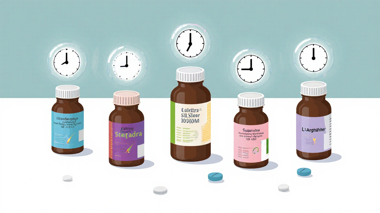 Various ED medication bottles with clock halos indicating different onset times.