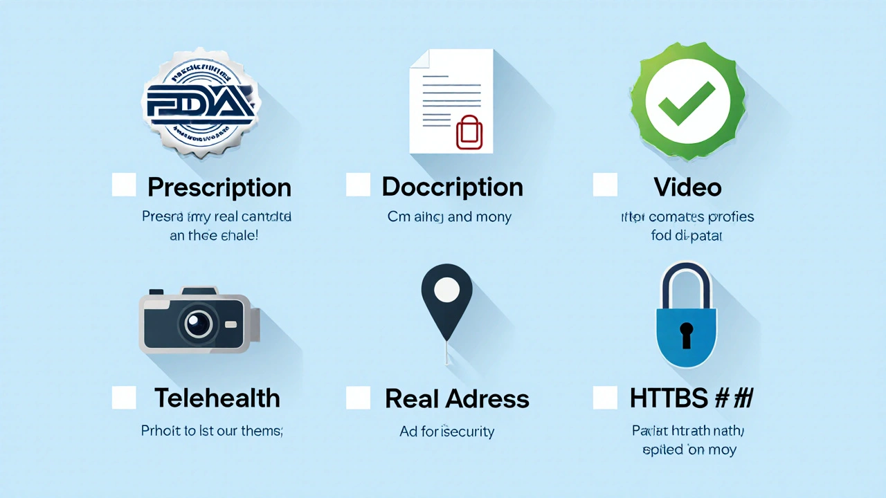 Vector checklist icons showing FDA verification, prescription, telehealth, address, and HTTPS.