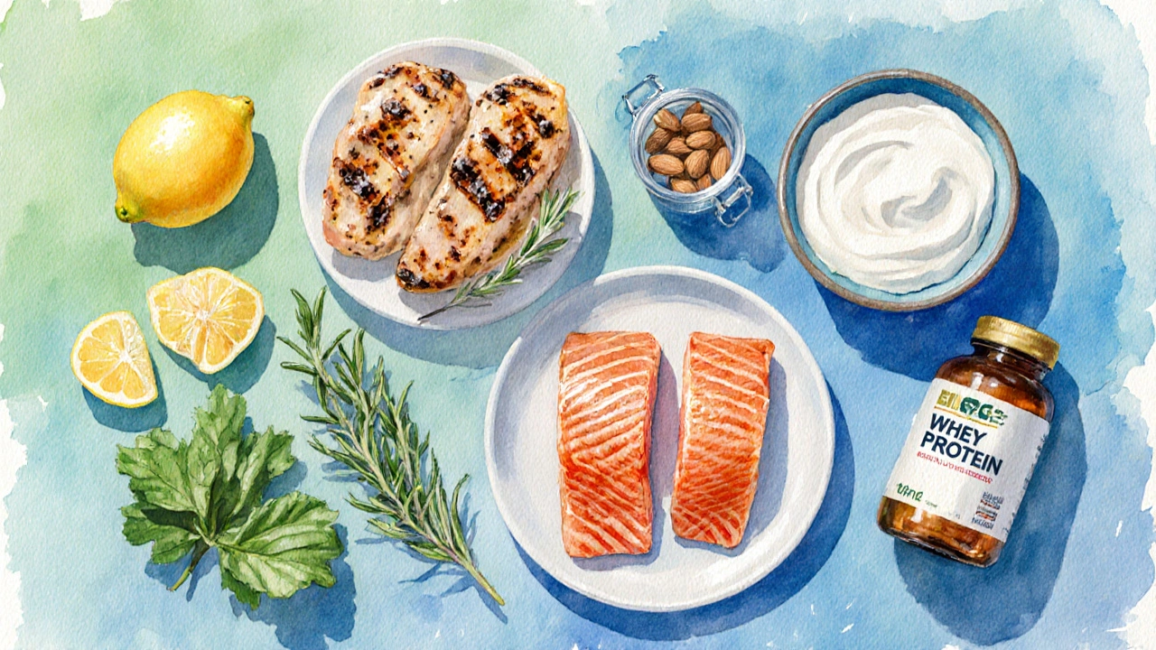 Watercolor flat lay of salmon, chicken, yogurt, protein powder, almonds, and fish‑oil capsules.