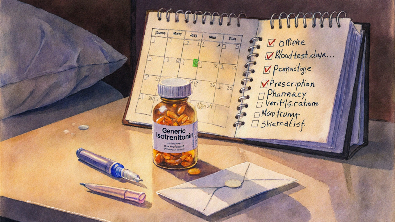 Watercolor of medication bottle, blood test kit, calendar and checklist on a bedside table.