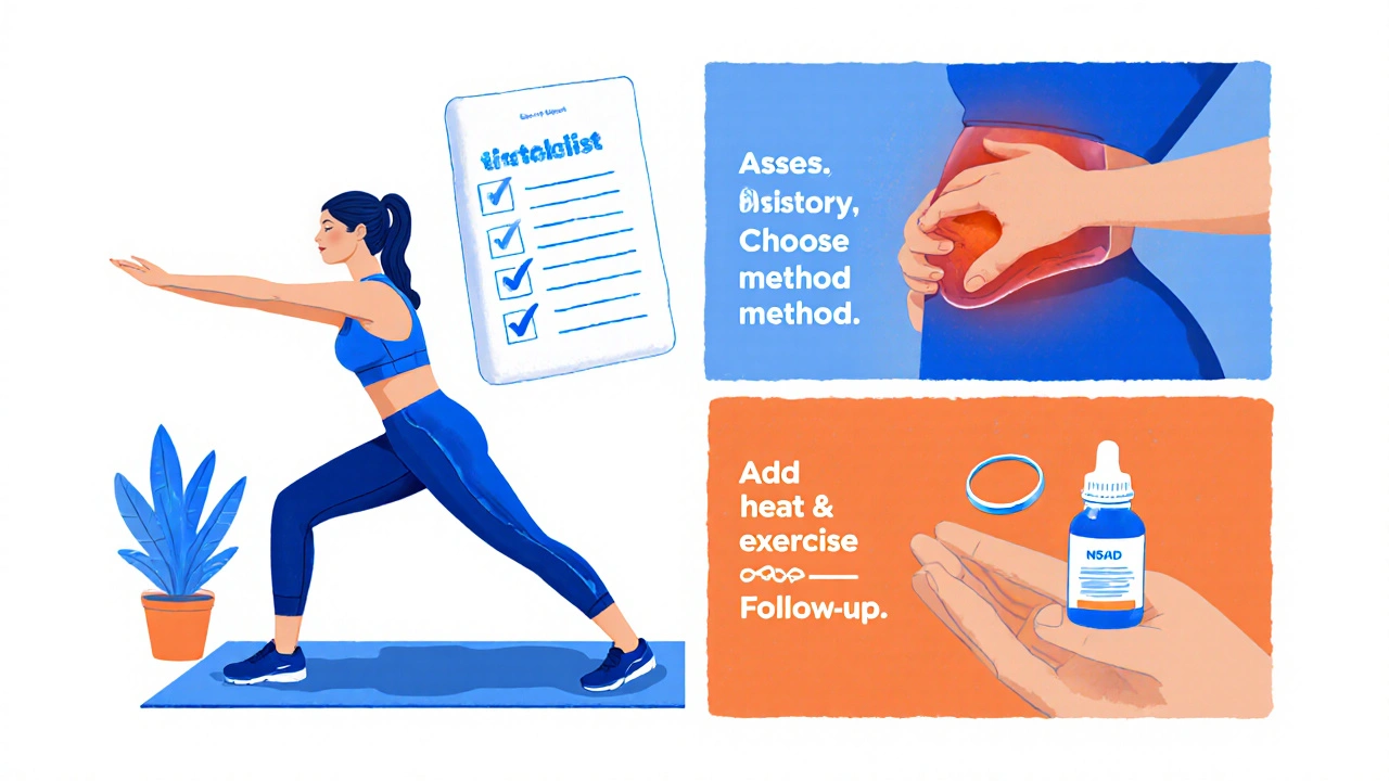 Wellness montage of yoga, heating pad, NSAID bottle, and contraceptive ring with checklist.