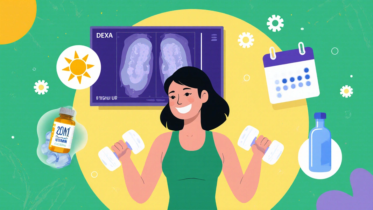 Woman doing strength training surrounded by supplement icons and a DEXA scan.