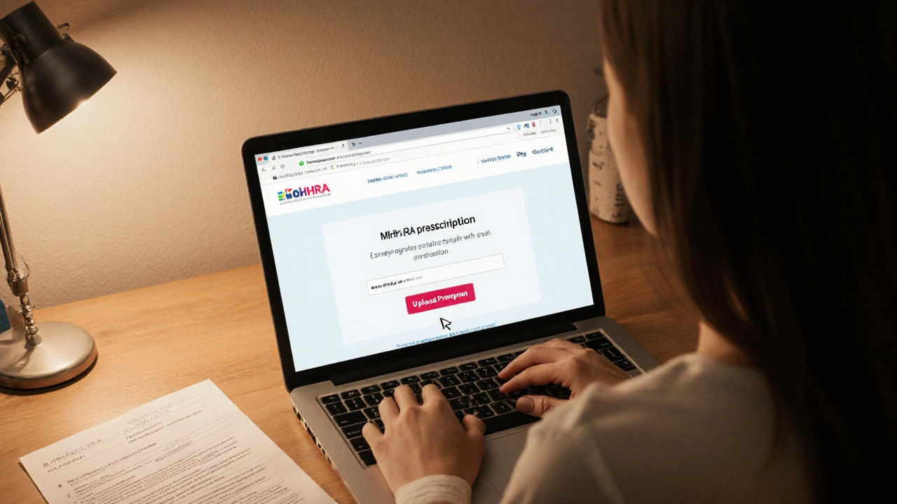 Woman reviewing a secure online pharmacy site and prescription on a laptop.
