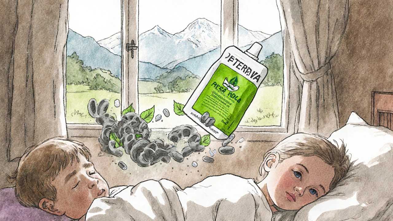 A deactivation pouch dissolving pills into harmless compounds, with a peaceful home scene in the background.