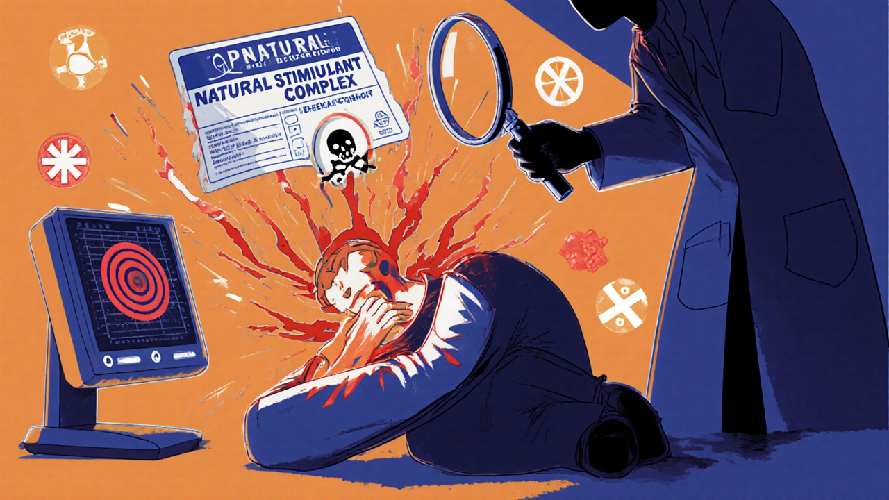 A person collapsed on the floor as a supplement label dissolves into a skull, with medical monitors spiking into red zones in the background.