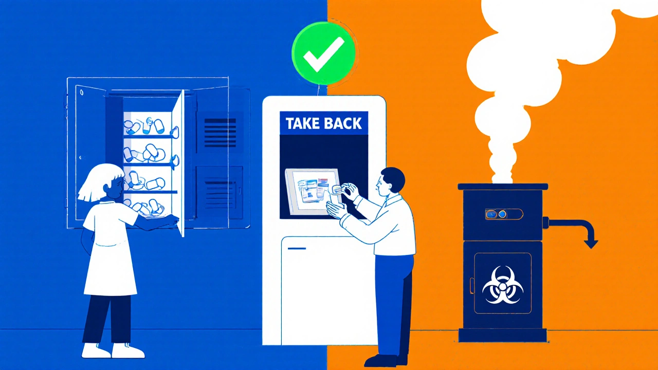 A person disposing of opioids in a pharmacy take-back kiosk, with symbols of safety and destruction of drugs.