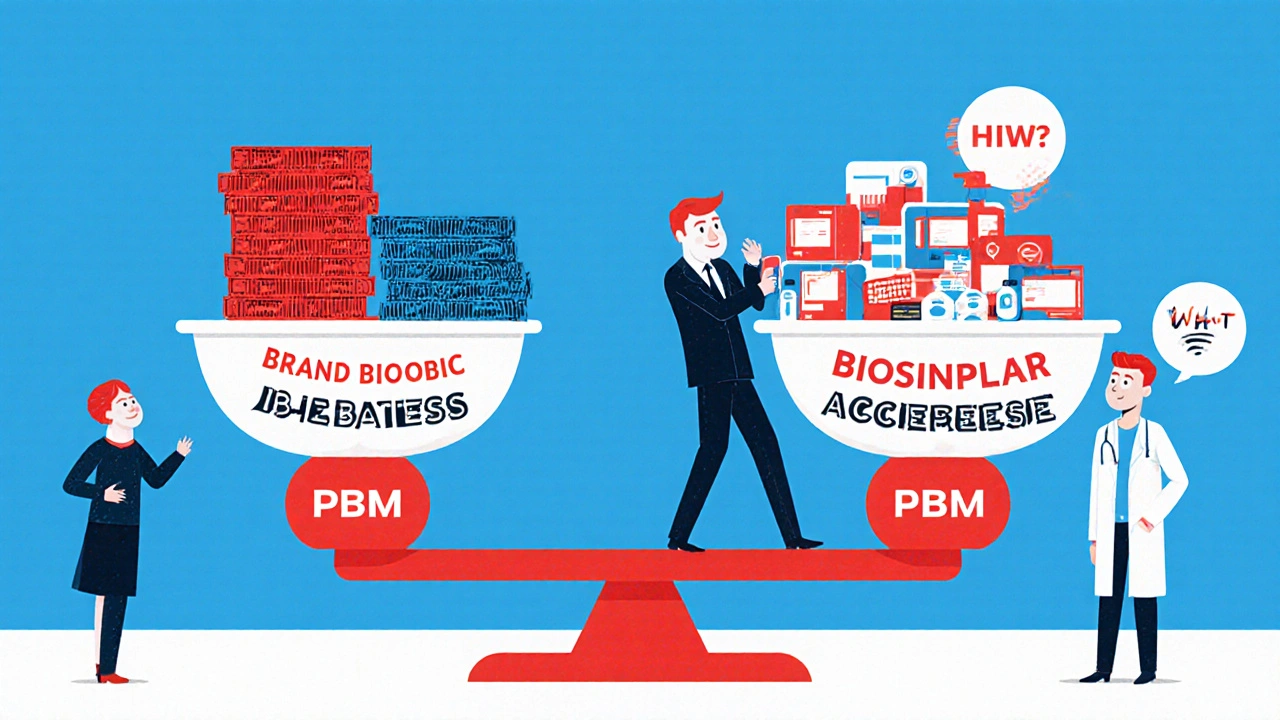 A scale tipped by brand drug rebates vs biosimilar access, with a PBM pulling the heavy side, doctors and patients watching.
