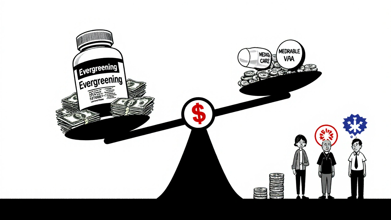 A scale tipping under the weight of an expensive combo pill versus affordable generics, with patient and Medicare icons watching.