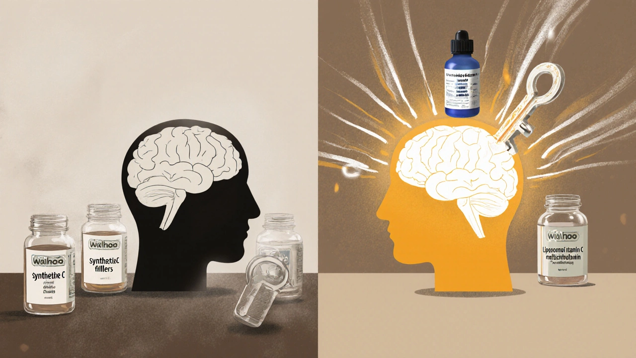 A split illustration comparing a foggy brain with empty supplements versus a clear brain lit by bioavailable nutrients.
