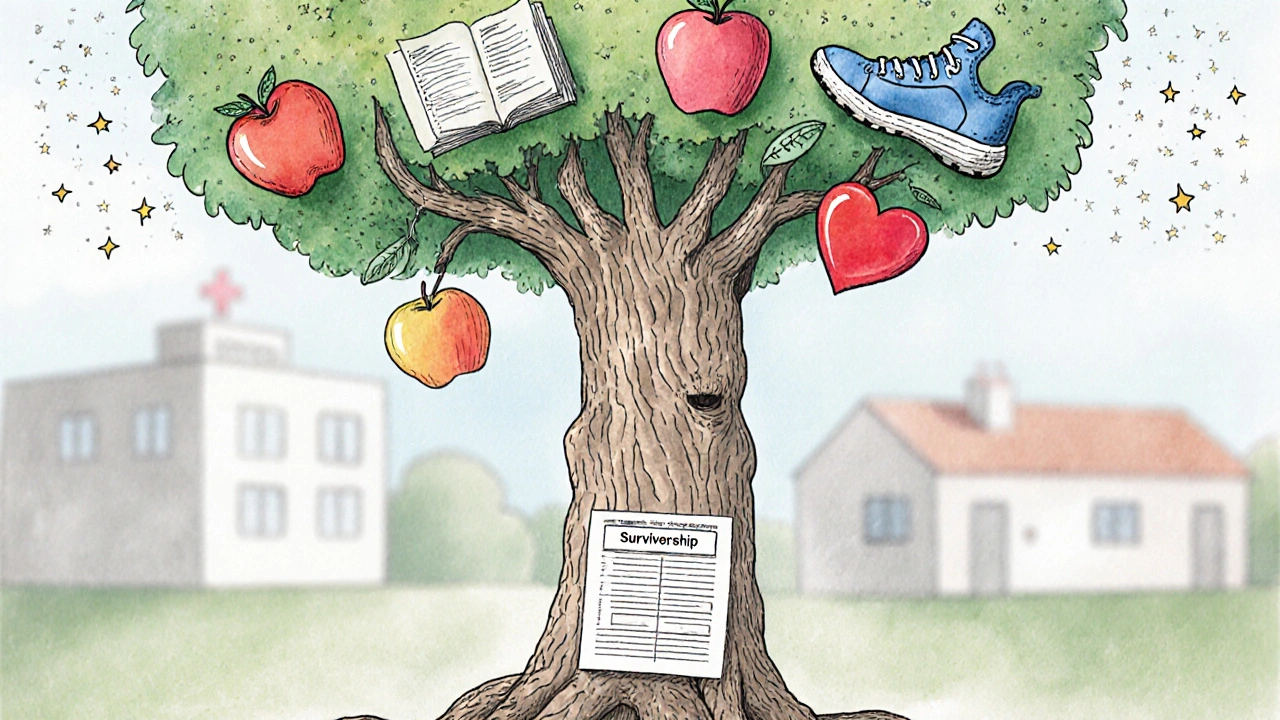A tree growing from a medical chart, with healthy habits as fruit, symbolizing survivorship and personalized risk management.